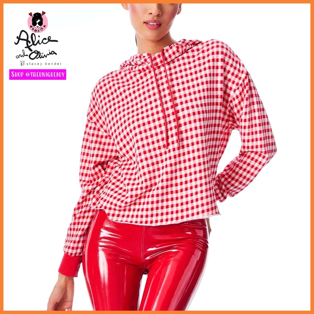 Alice + Olivia Niki Red White Gingham Plaid Pullover Hoodie